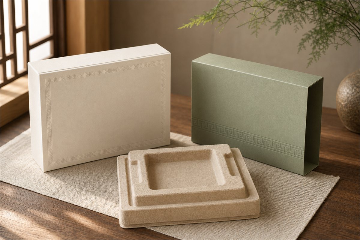 Ivory and muted sage paper boxes with embossed geometric borders beside a molded-pulp insert