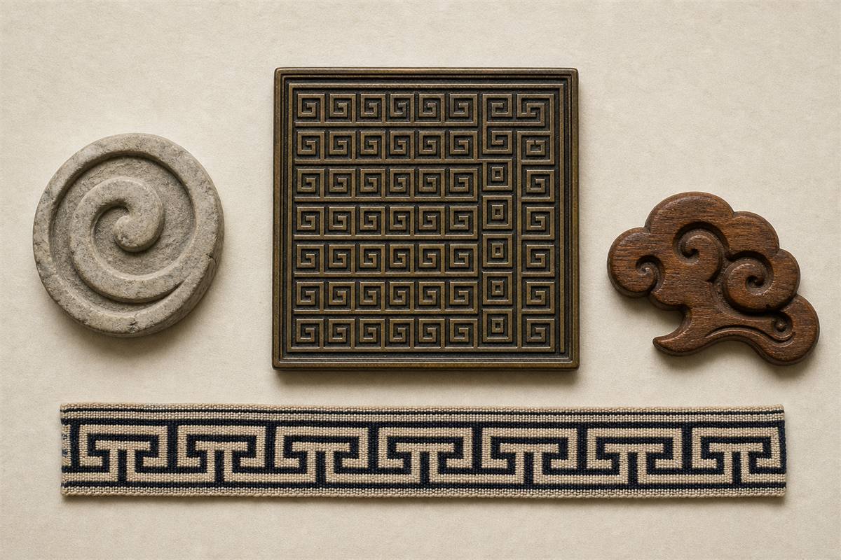 Separate bronze spiral field, stone spiral, wood cloud carving, and textile key-fret border samples