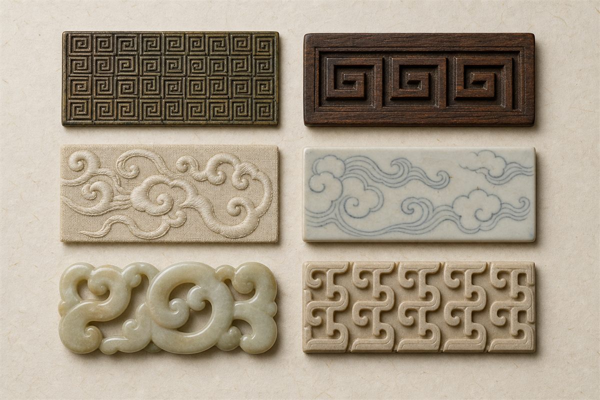 Six separate bronze, wood, textile, ceramic, jade, and stone pattern samples arranged on ivory paper