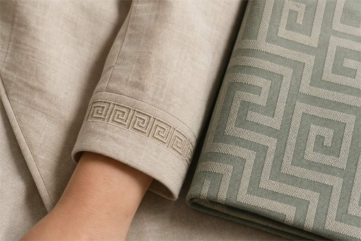Oatmeal sleeve cuff with embroidered squared spirals beside a muted sage woven geometric textile
