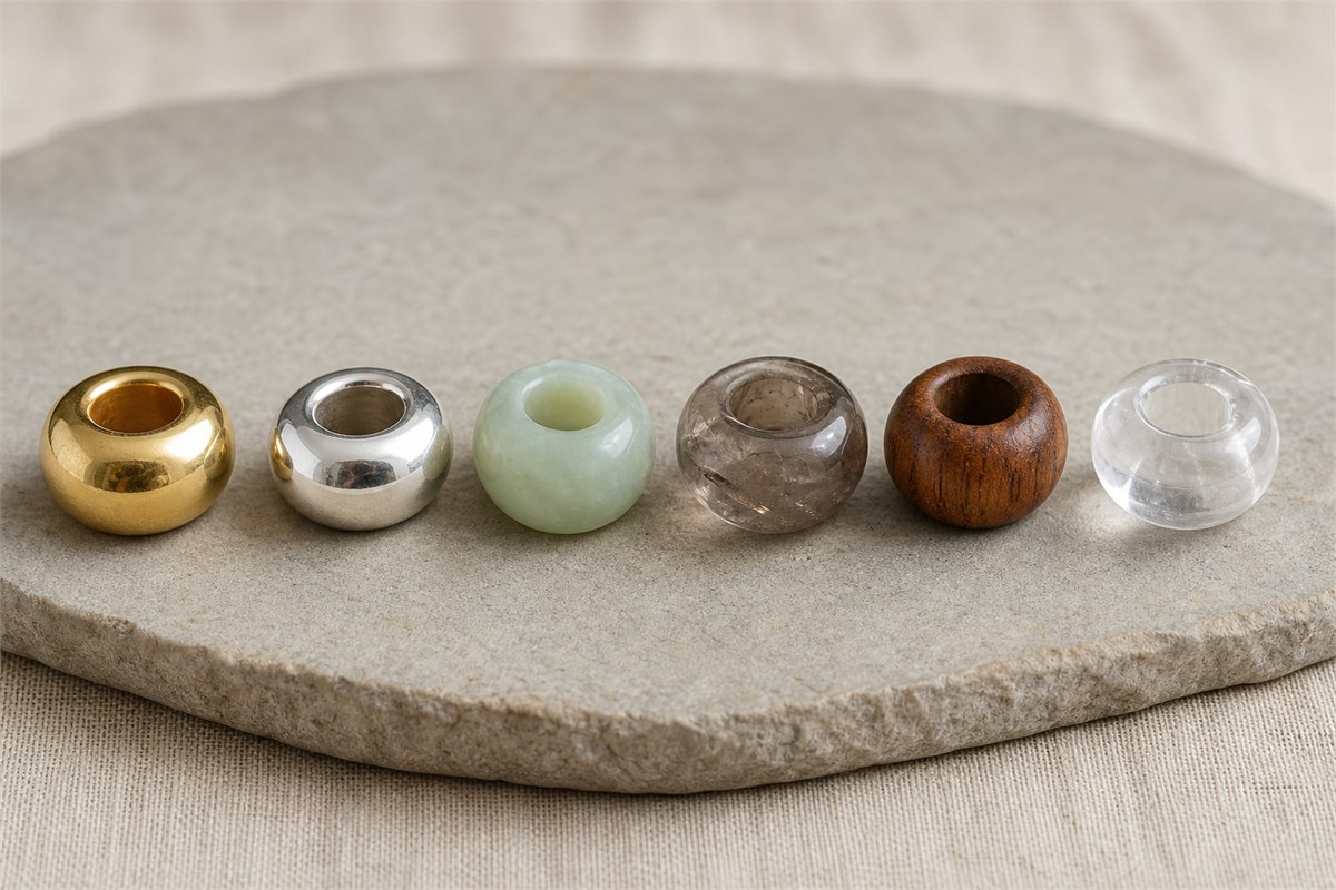 Six pierced beads in gold, silver, jade, smoky quartz, wood, and clear crystal