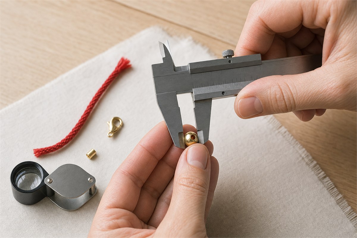 Adult hands measuring a pierced gold bead with a caliper beside red cord, clasp, crimp, and loupe
