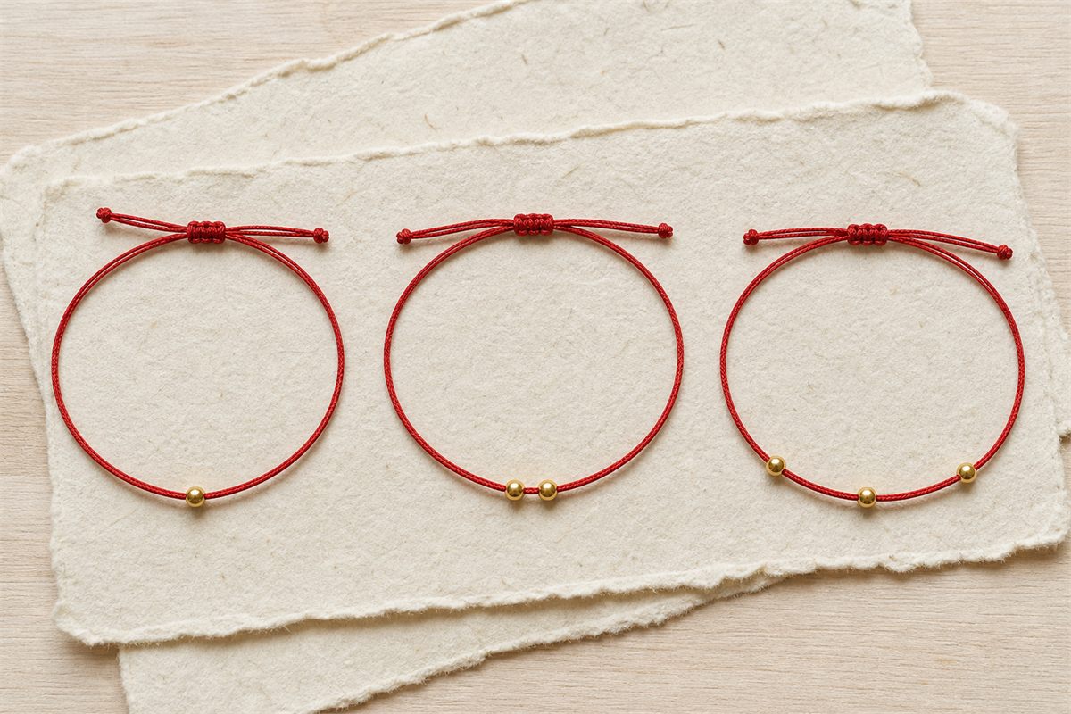 Three red cord bracelets arranged with exactly one, two, and three gold beads