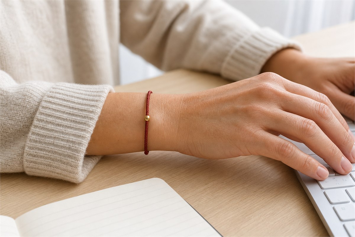 Adult wrist wearing a slim red cord bracelet with one gold bead while working at a desk