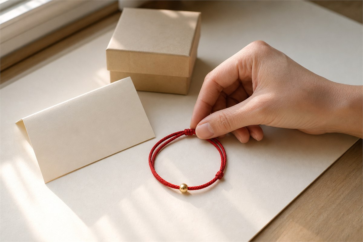 Adult hand placing a one-bead red cord bracelet beside a blank note and neutral gift box