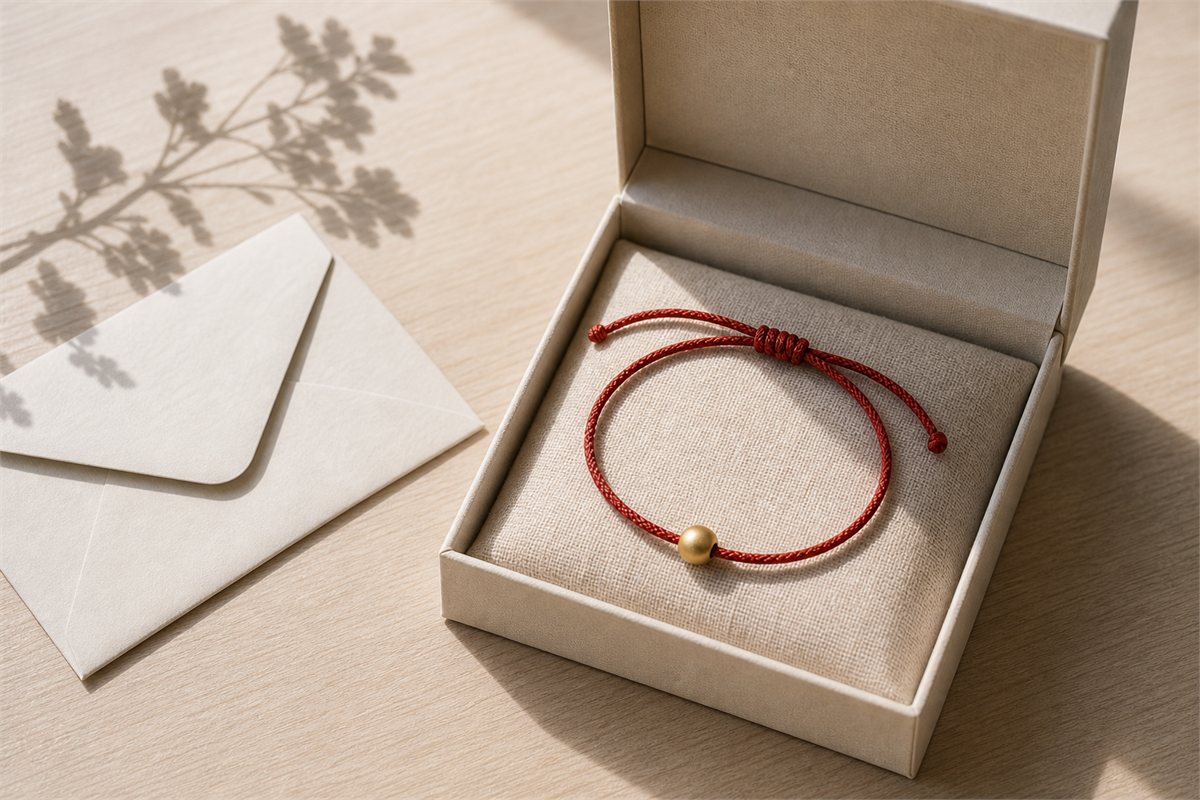 One-bead red cord bracelet presented in a neutral paper gift box beside a blank envelope