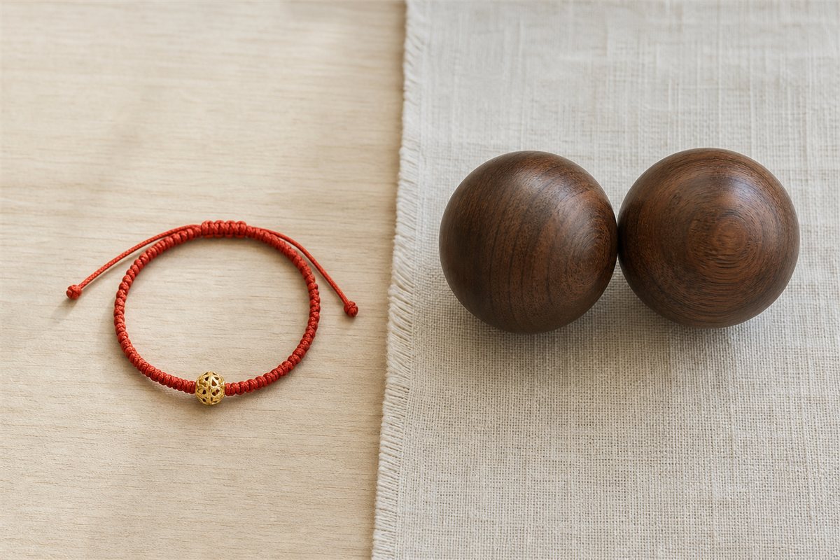 Small red cord zhuanyun bracelet beside two much larger smooth wooden hand balls