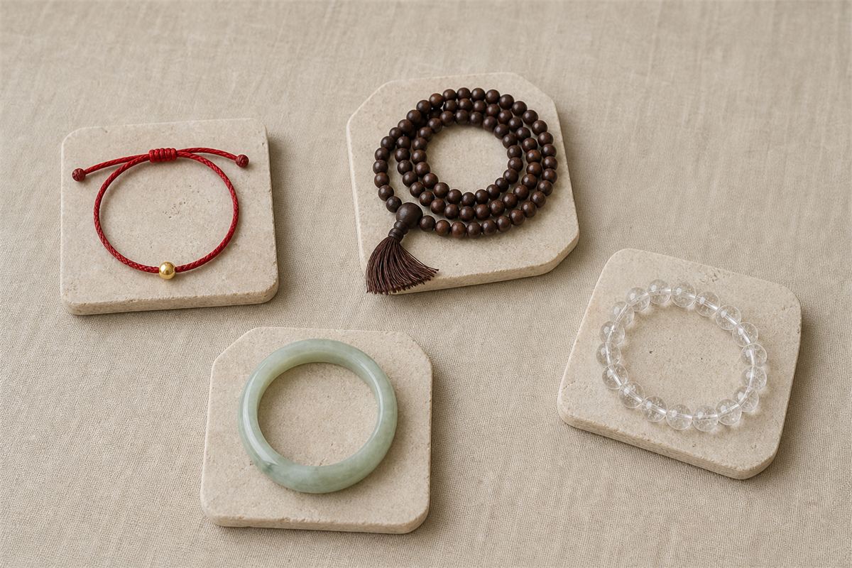 Zhuanyun red cord bracelet, wooden prayer beads, pale green jade bangle, and clear quartz bracelet displayed separately