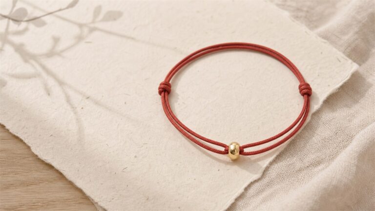 Red cord bracelet with one polished gold bead on warm ivory paper and linen