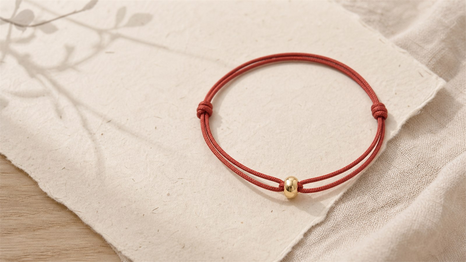 Red cord bracelet with one polished gold bead on warm ivory paper and linen
