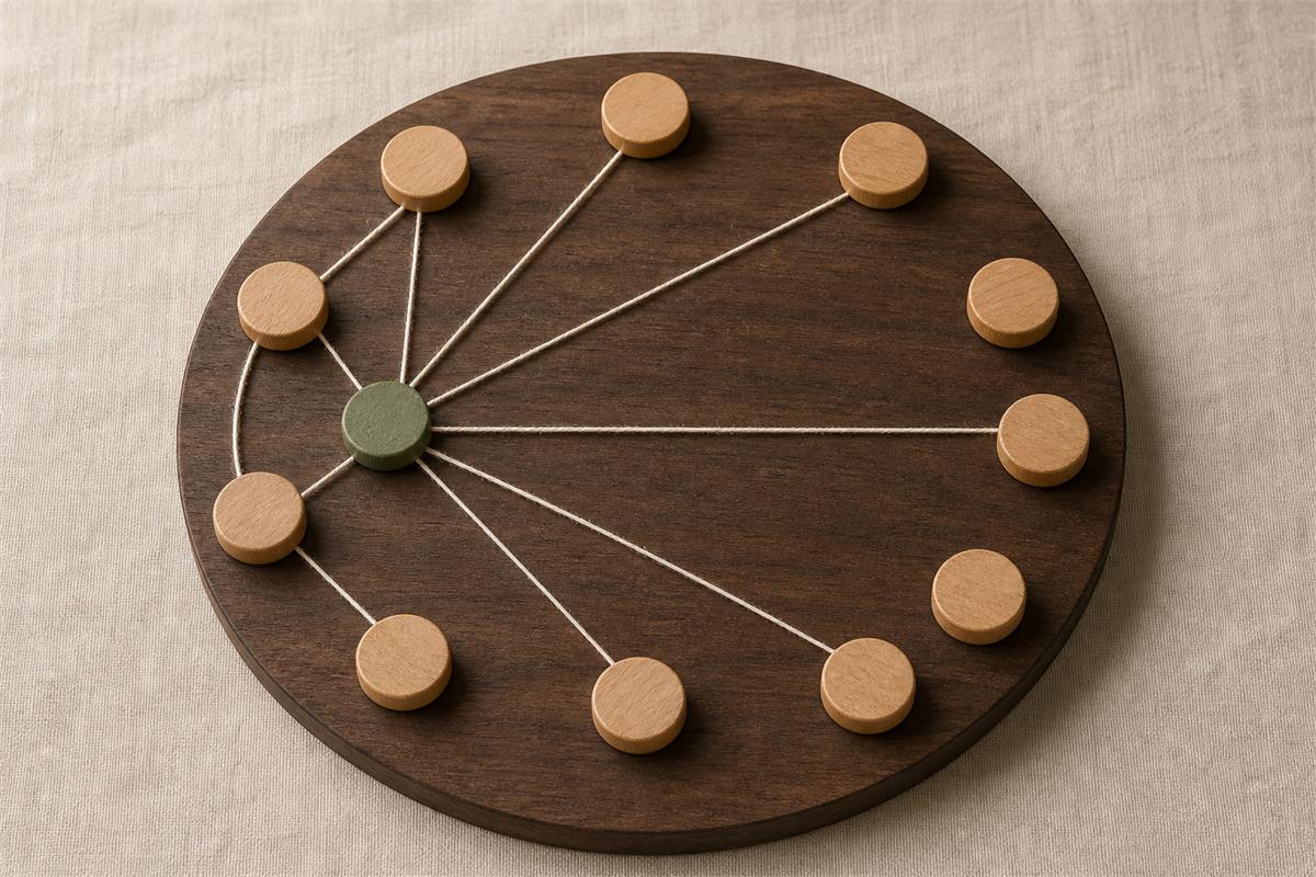 Twelve counters on a circular board linked from one green counter by several neutral cord geometries