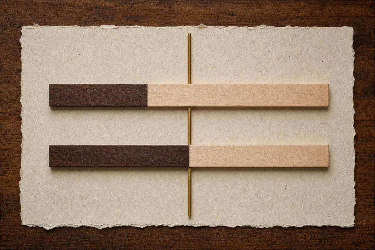 Two parallel wooden timelines crossing a brass midnight marker at different transition points