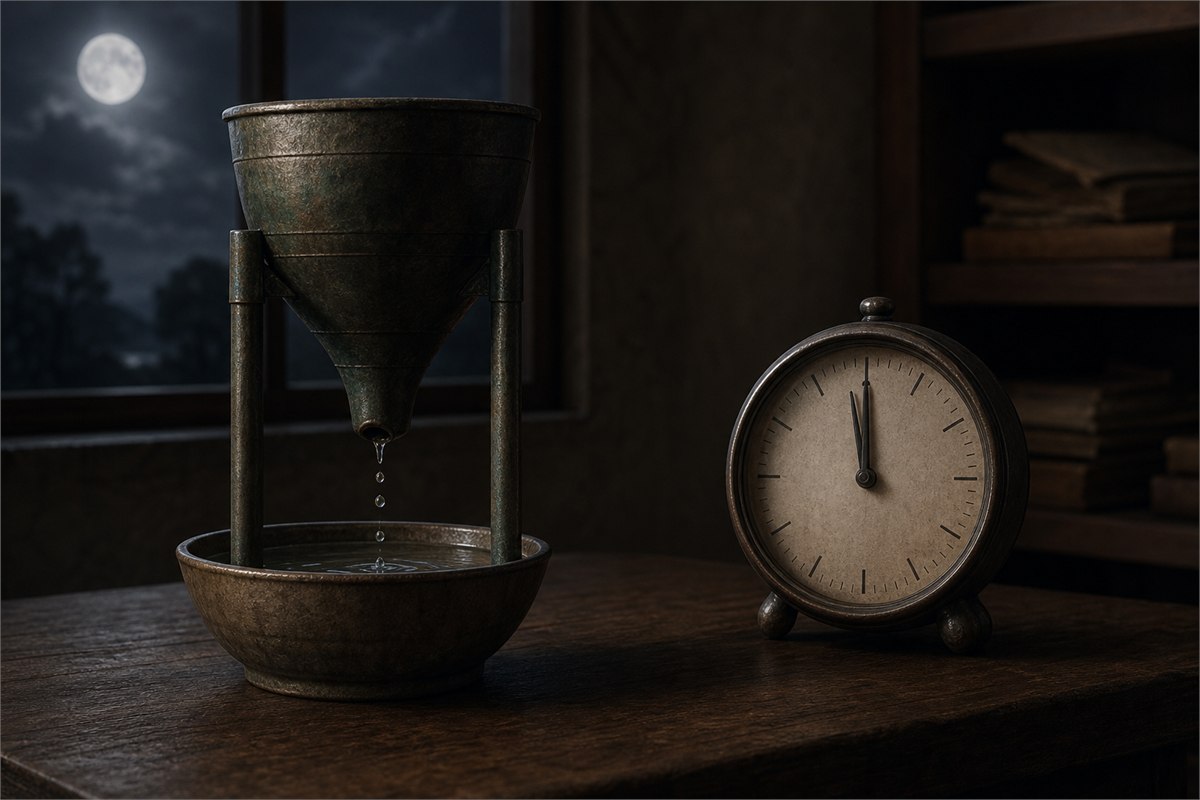 Traditional water clock beside a modern clock marked at midnight in a quiet night study