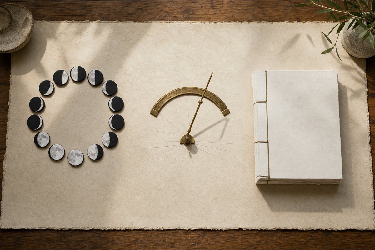 Moon-phase ring, solar observation instrument, and blank modern calendar book shown as three separate systems