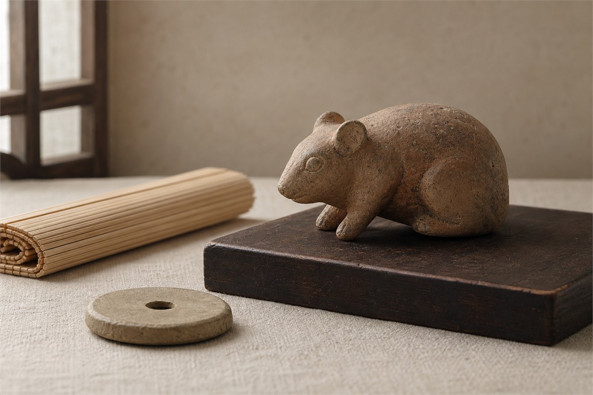 Terracotta Rat figure beside blank bamboo slips and a twelve-position counter board