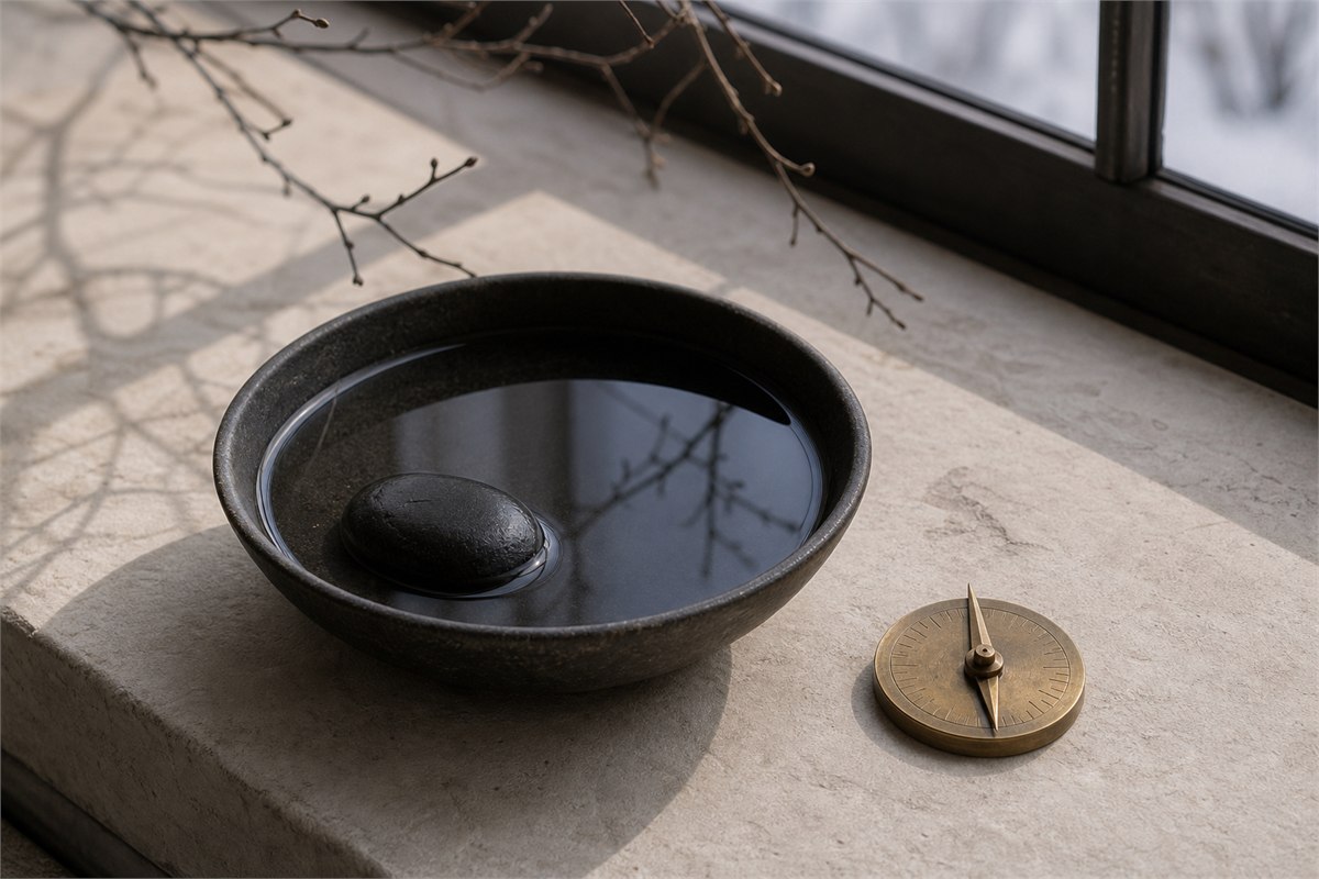 Dark water bowl, winter branch shadow, black stone, and plain north-pointing compass on linen
