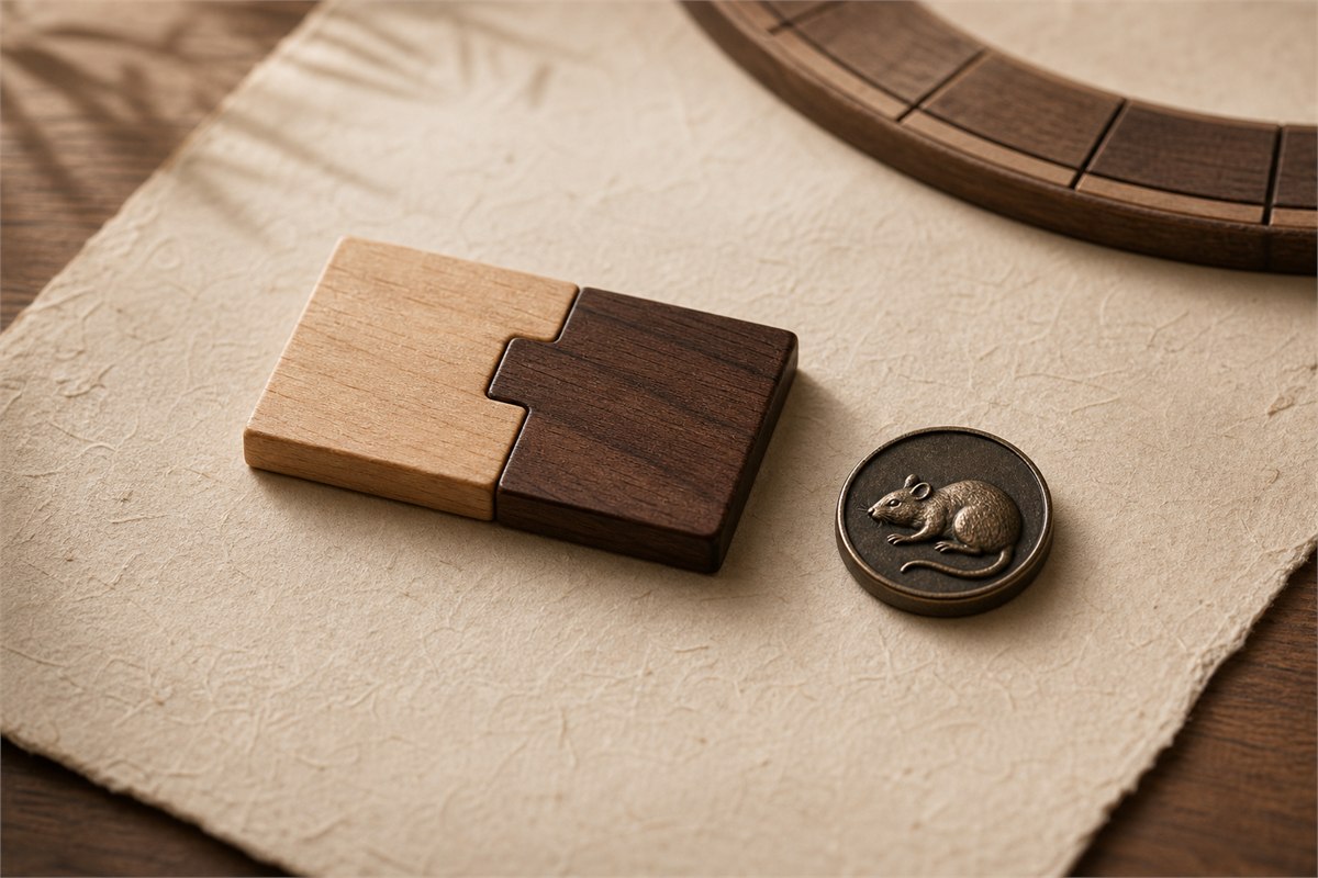 Two interlocking wooden tiles beside a bronze Rat medallion and partial calendar ring