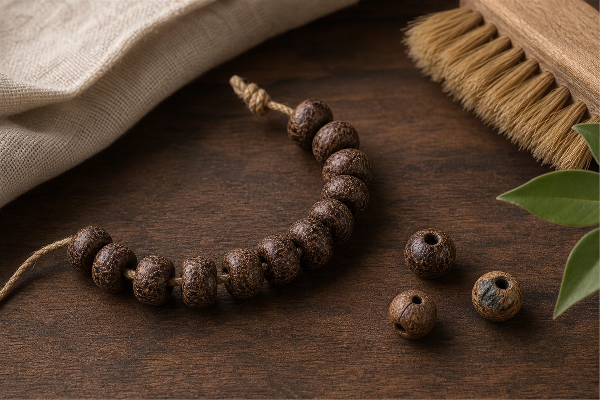 Strand of porous brown palm seed beads beside intact, cracked, and discolored loose examples