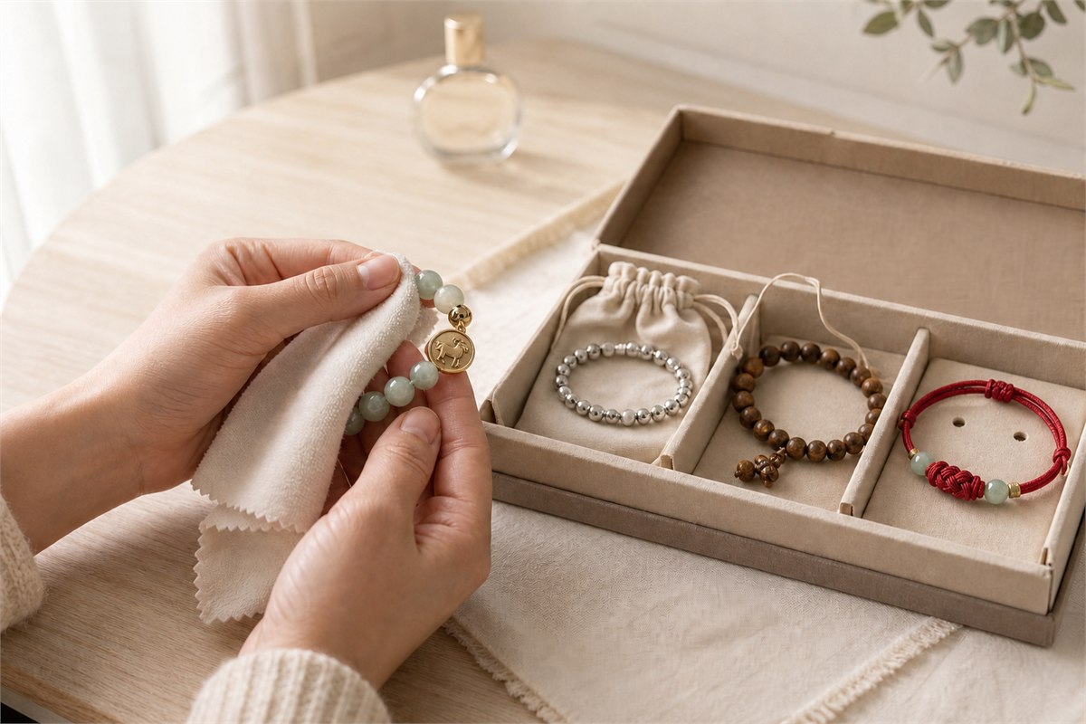 Hands wiping a jade and gold zodiac bracelet beside separate silver, wood, and red cord storage compartments