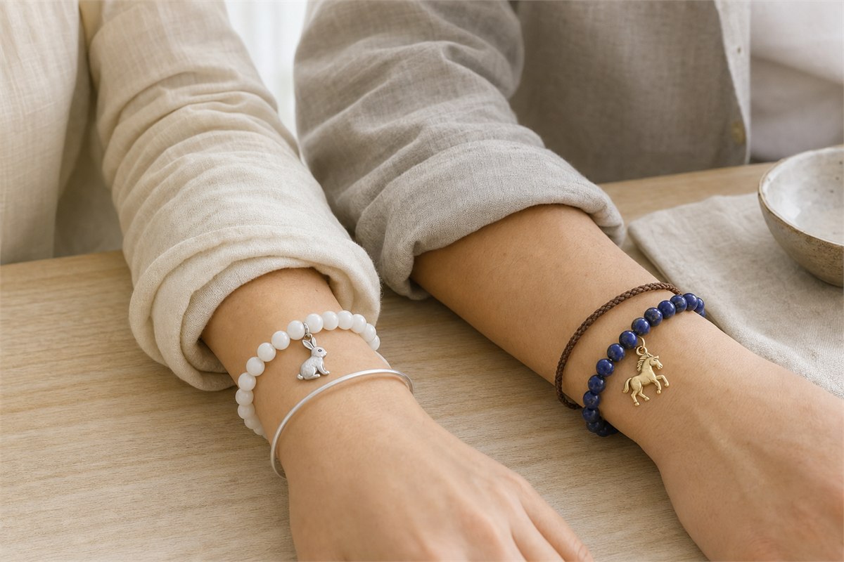 Two adults wearing white-stone Rabbit and deep-blue Horse zodiac bracelets with restrained layering