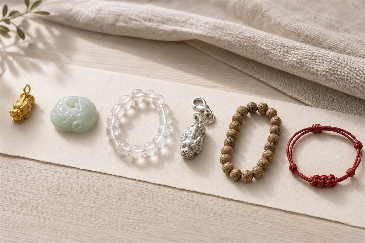 Gold and silver animal charms, carved jade, clear quartz, wood beads, and braided red cord on ivory paper
