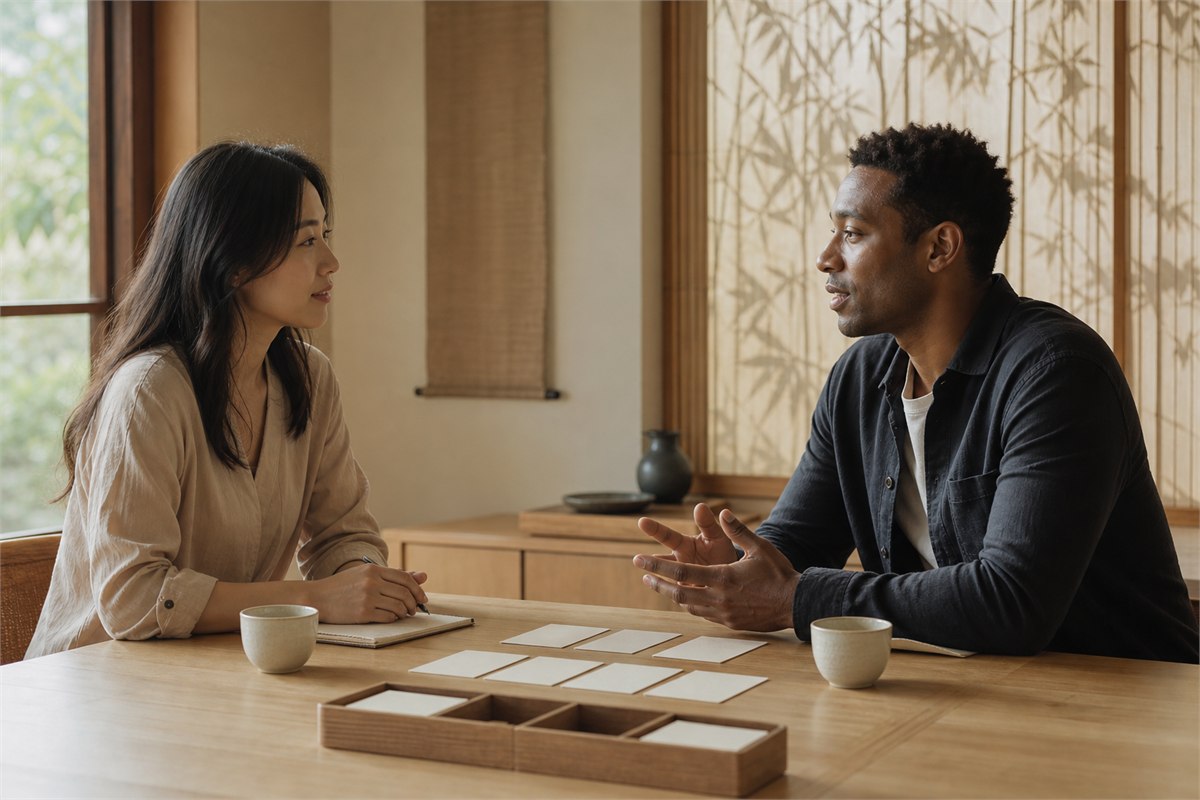 Two adults discussing shared priorities at a calm table with blank planning cards