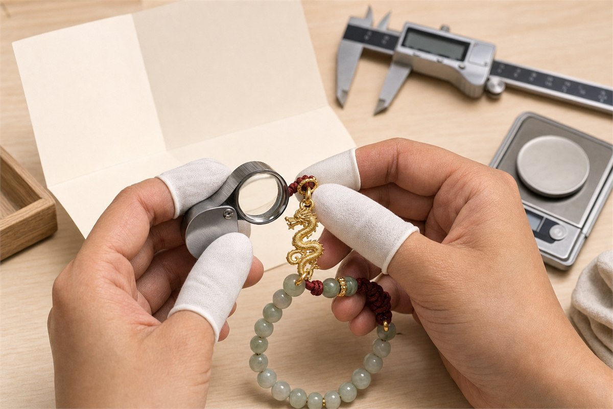 Jeweler inspecting a gold Eastern dragon charm and jade bead bracelet with a loupe beside a scale and caliper