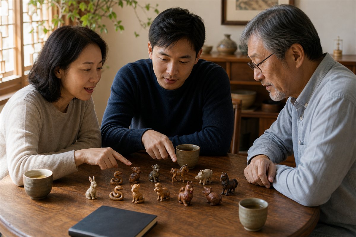 Three adults discussing small zodiac animal figures around a table