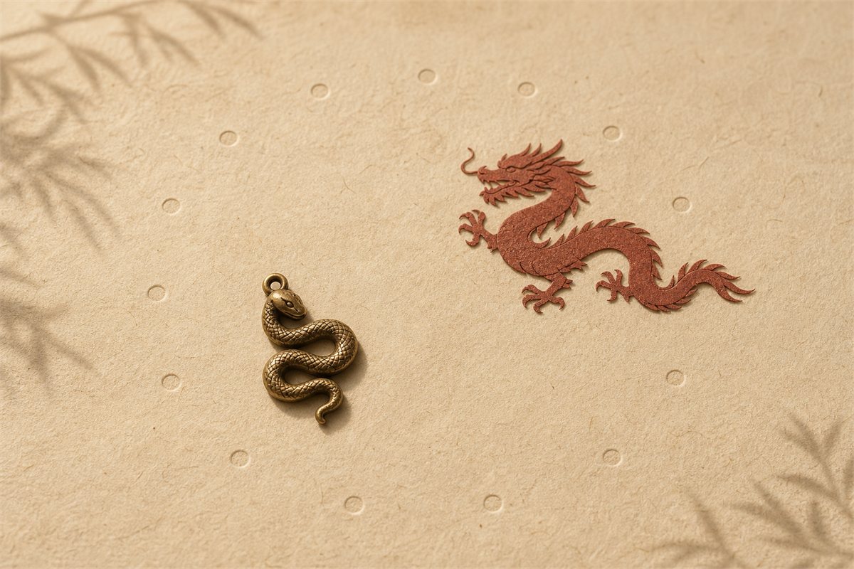 Separate bronze zodiac snake charm and Eastern dragon paper silhouette on embossed handmade paper