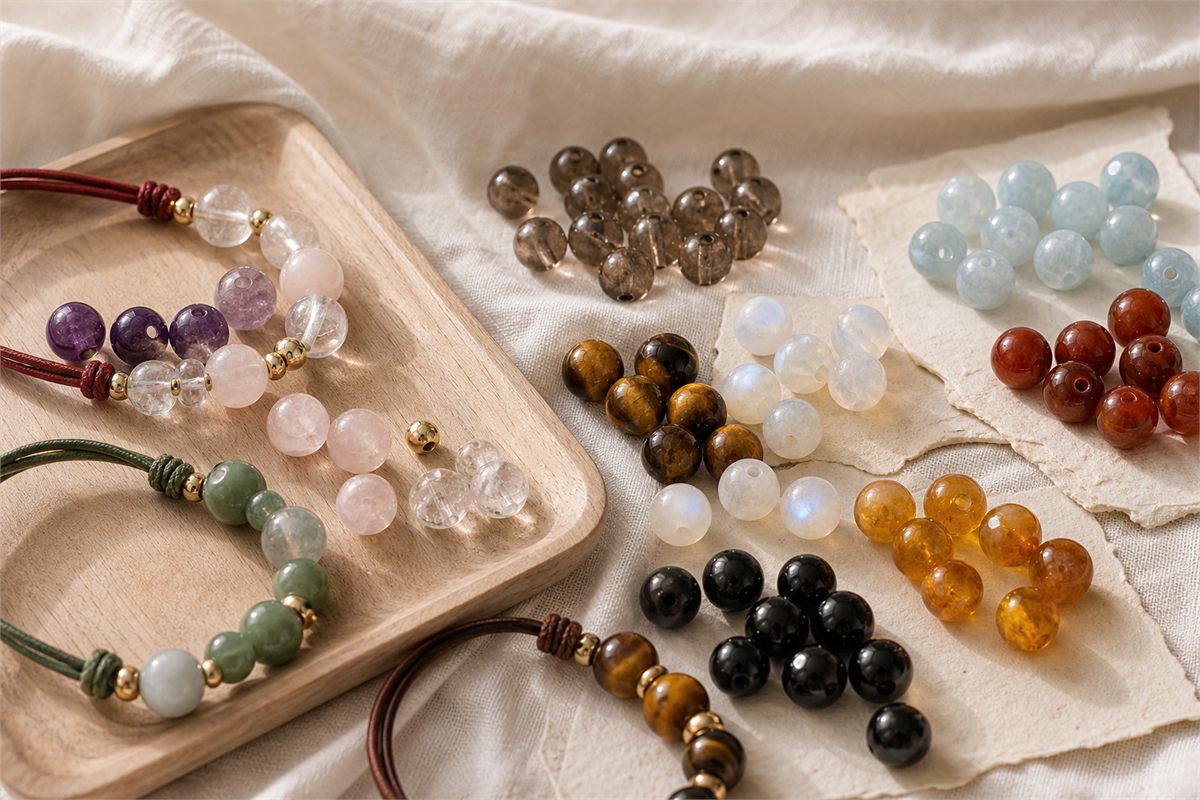 Quartz, amethyst, rose quartz, smoky quartz, tiger eye, moonstone, blue stone, carnelian, amber, and obsidian beads