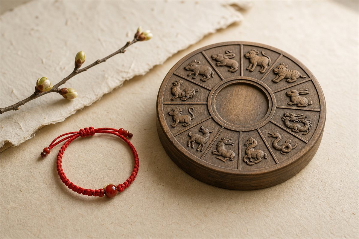 Red cord bracelet beside a circular wooden object with twelve animal reliefs and an early-spring branch