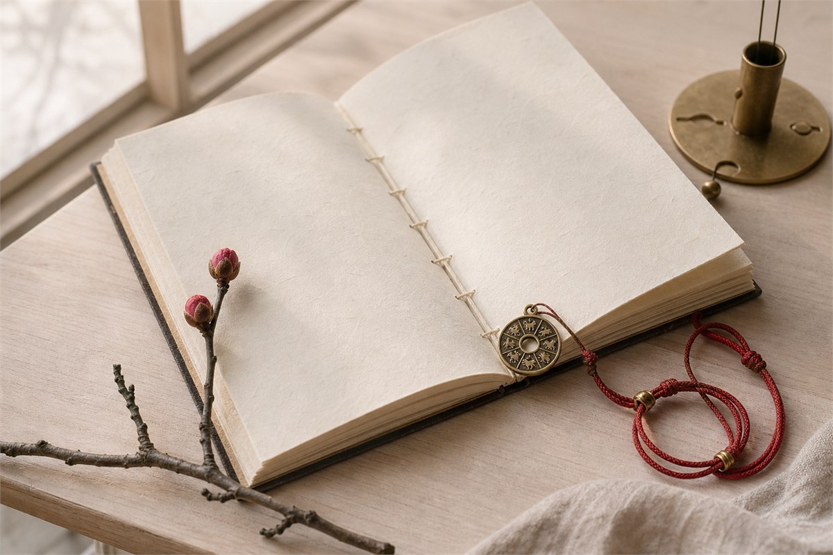 Blank thread-bound calendar with a zodiac medallion, red cord, and budding branch in late-winter light
