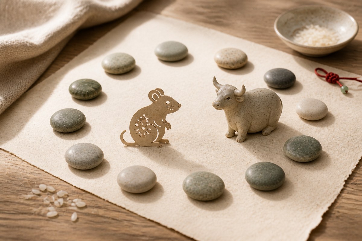 Paper-cut Rat beside a ceramic Ox inside a circle of twelve natural stone markers
