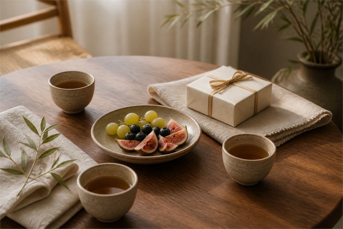 Three ceramic tea cups, fruit, and an ivory gift box arranged on a warm wooden table