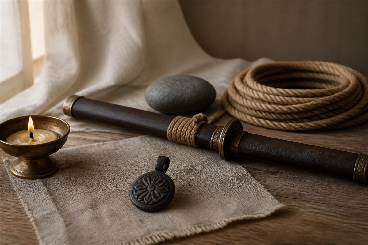 Sheathed ceremonial sword, coiled rope, smooth rock, small lamp flame, and dark pendant on linen