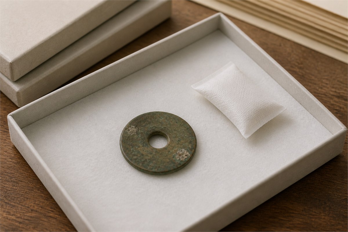Copper-alloy pendant with localized pale-green powder in a dry archival tray
