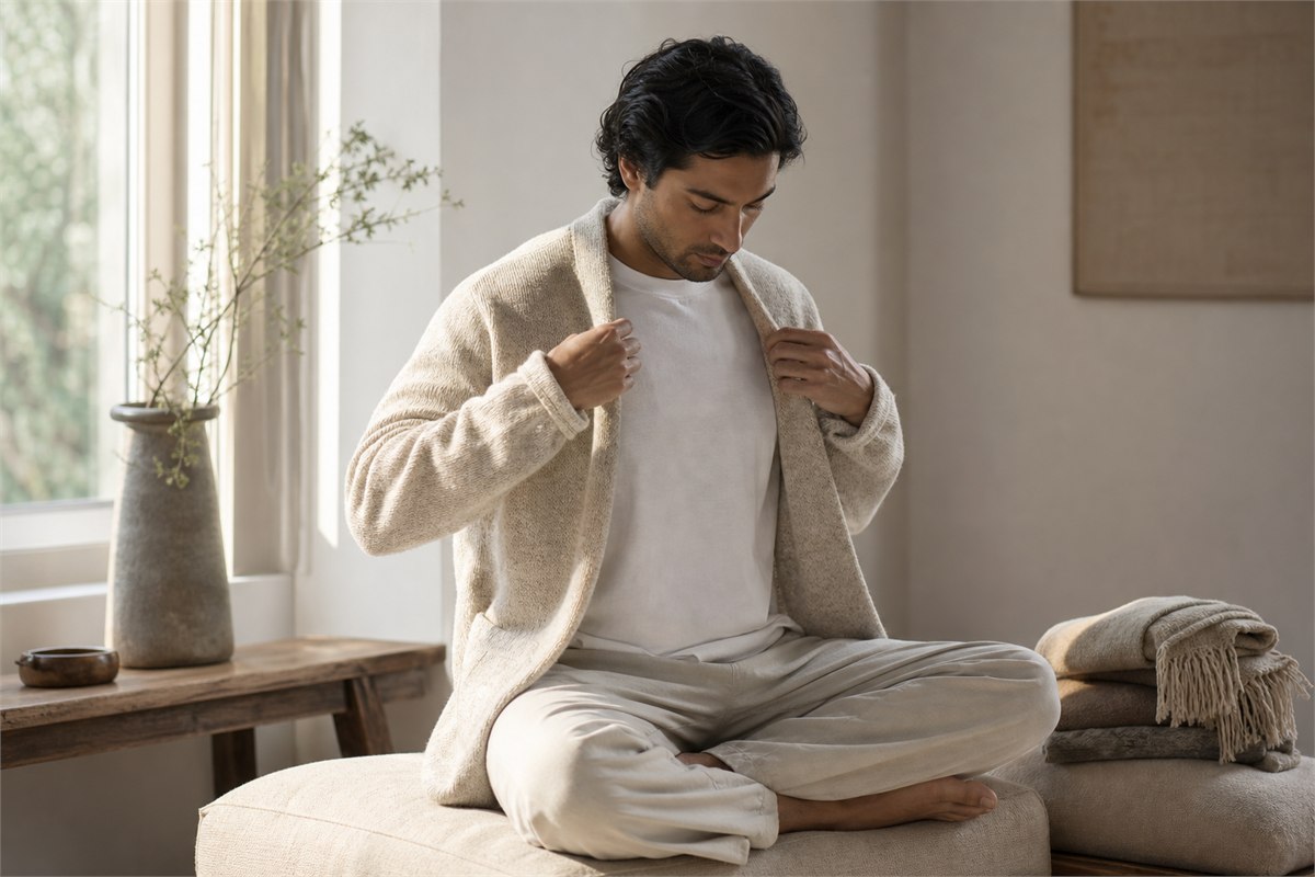 Man adding a lightweight oatmeal cardigan over a breathable base layer while seated