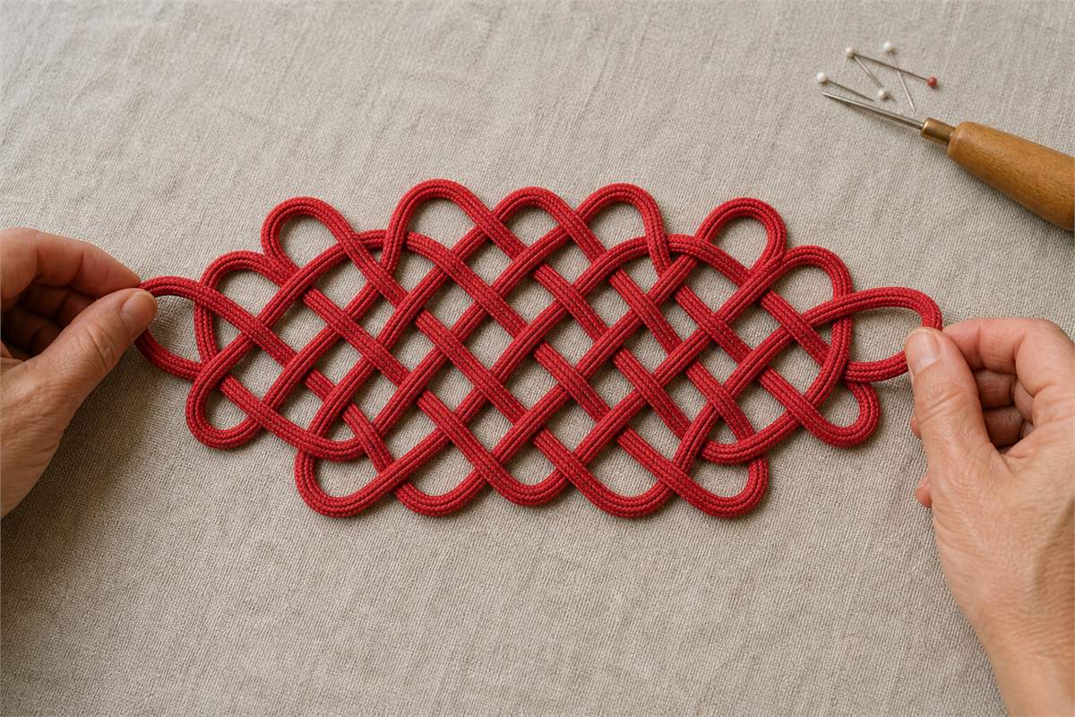 Artisan hands adjusting a wide rectangular red Pan Chang lattice with repeated over-under crossings