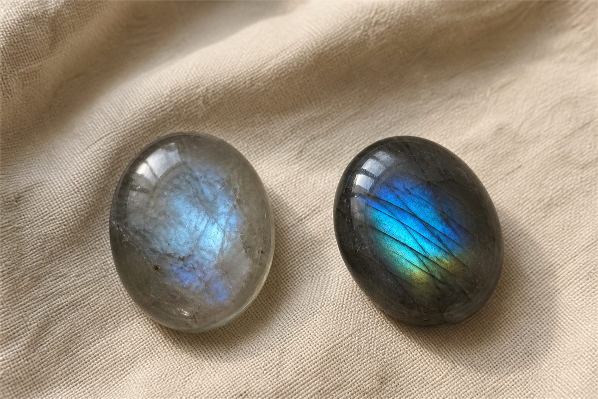 Two gray feldspar cabochons showing a diffuse white-blue billow and a directional blue-green iridescent flash