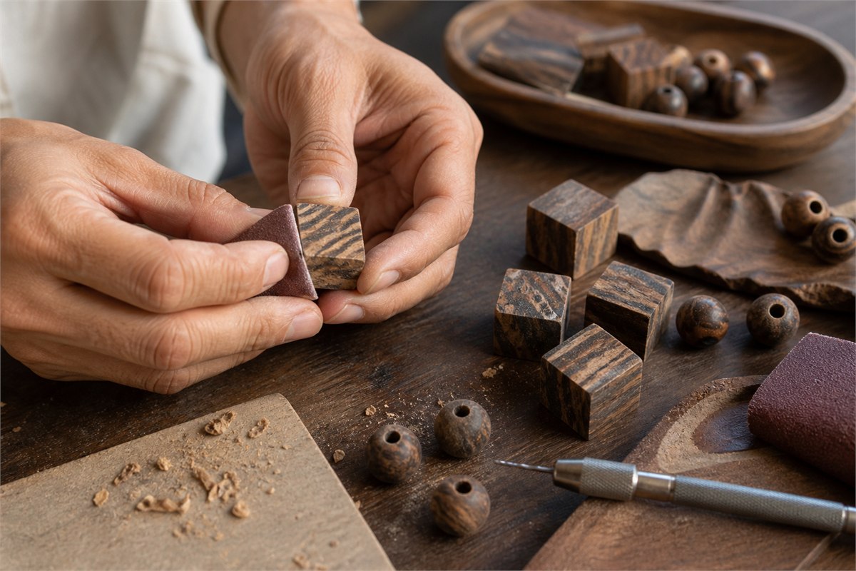Artisan hands shaping resin-streaked wood bead blanks beside drilled beads and fine sandpaper