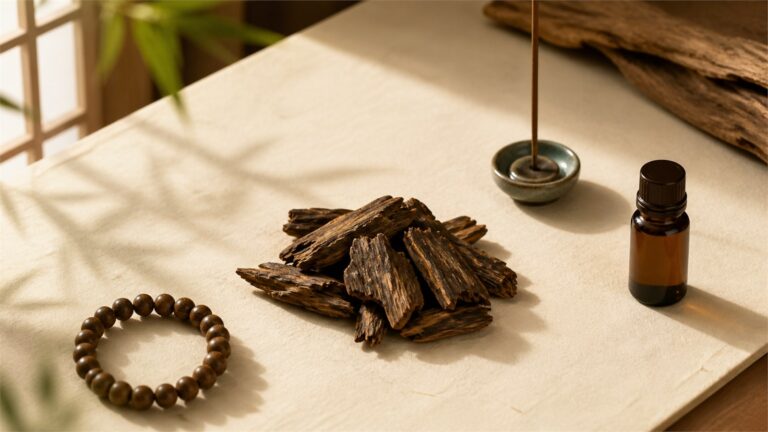 Resin-streaked agarwood chips with a brown bead bracelet, unlit incense stick, and closed oud oil bottle on ivory paper