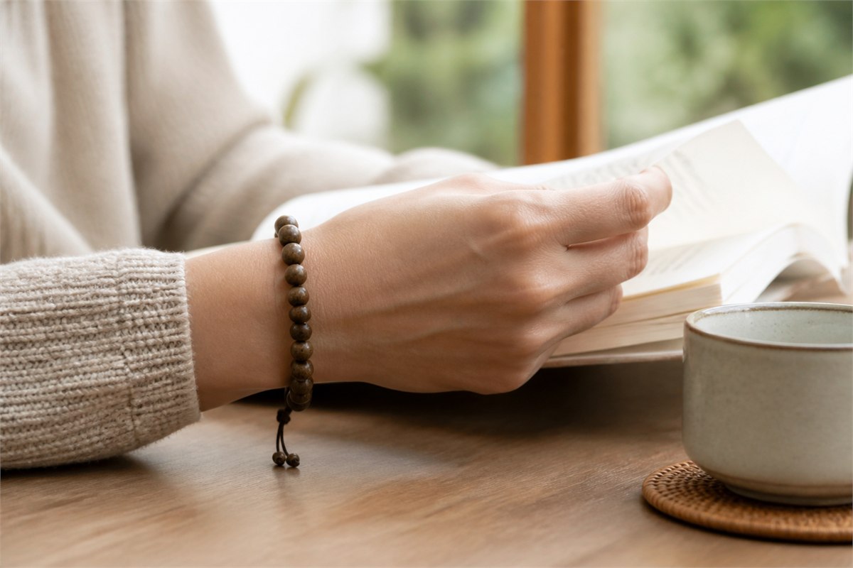 Adult wrist wearing a natural brown agarwood bead bracelet while holding an open book beside a ceramic cup