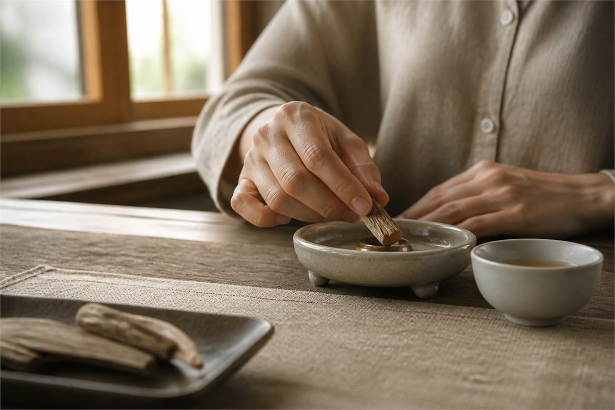 Adult hand placing an agarwood chip into an unlit ceramic warming dish beside tea