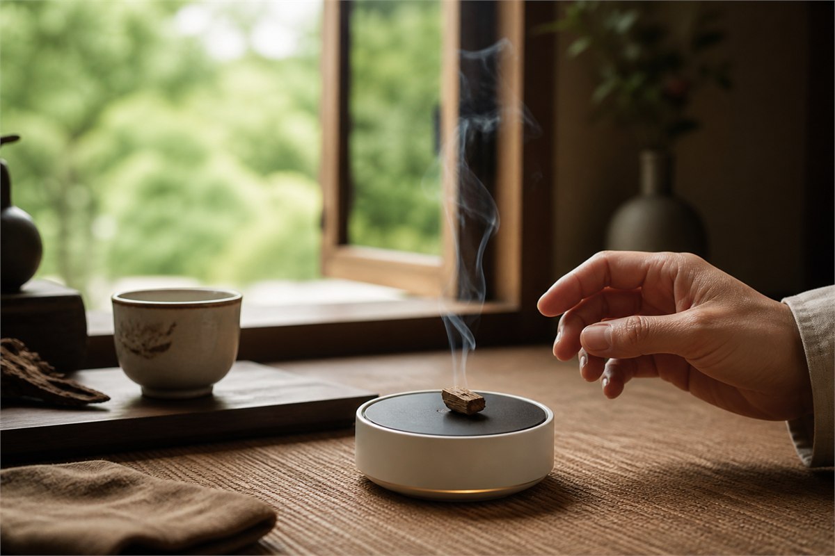 Small agarwood chip on an electric incense heater beside an open window and an attentive adult hand
