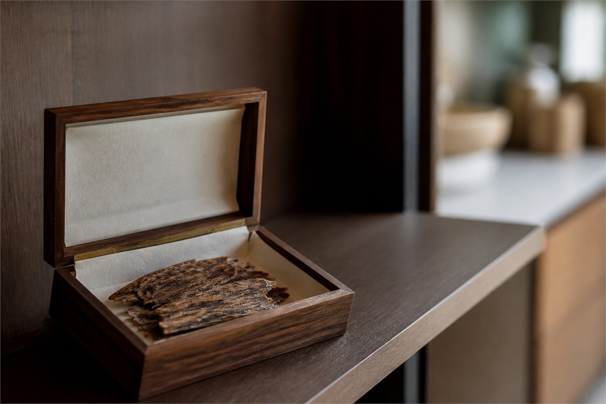 Resin-streaked agarwood chips in an open paper-lined wooden box on a shaded shelf