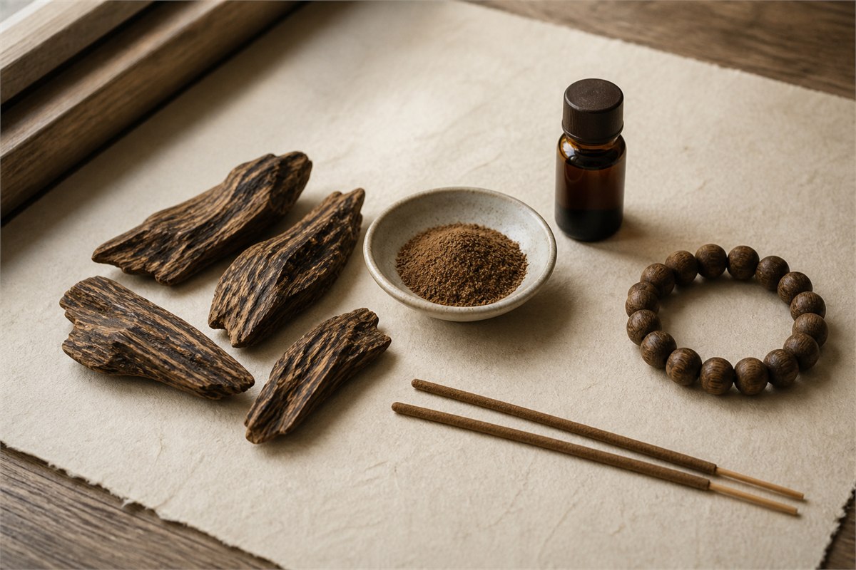 Resin-streaked agarwood chips, brown powder, unlit incense sticks, oud oil bottle, and wood bead bracelet on ivory paper