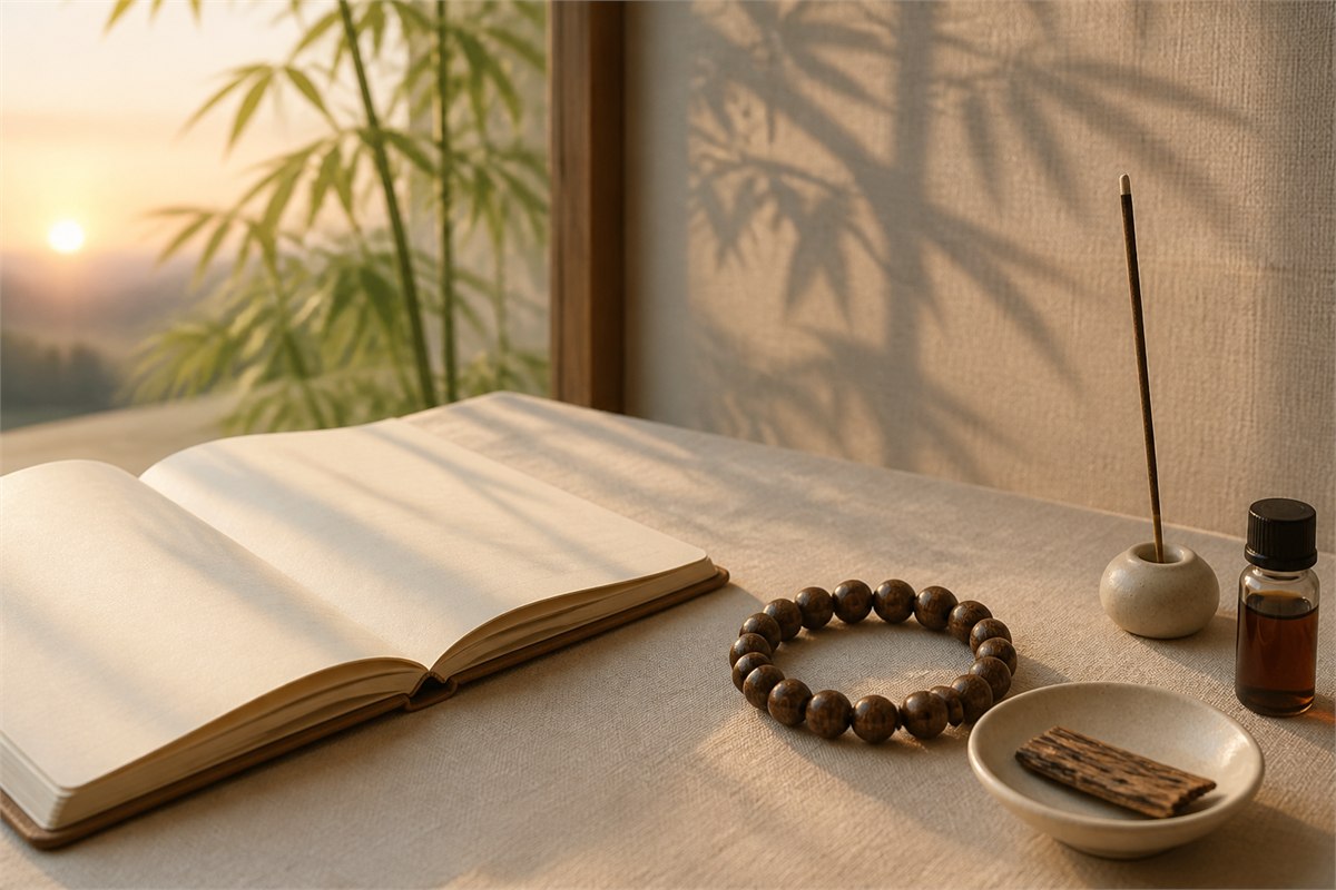 Agarwood bracelet, resin-streaked chip, unlit incense stick, oud oil vial, and open blank journal in dawn light