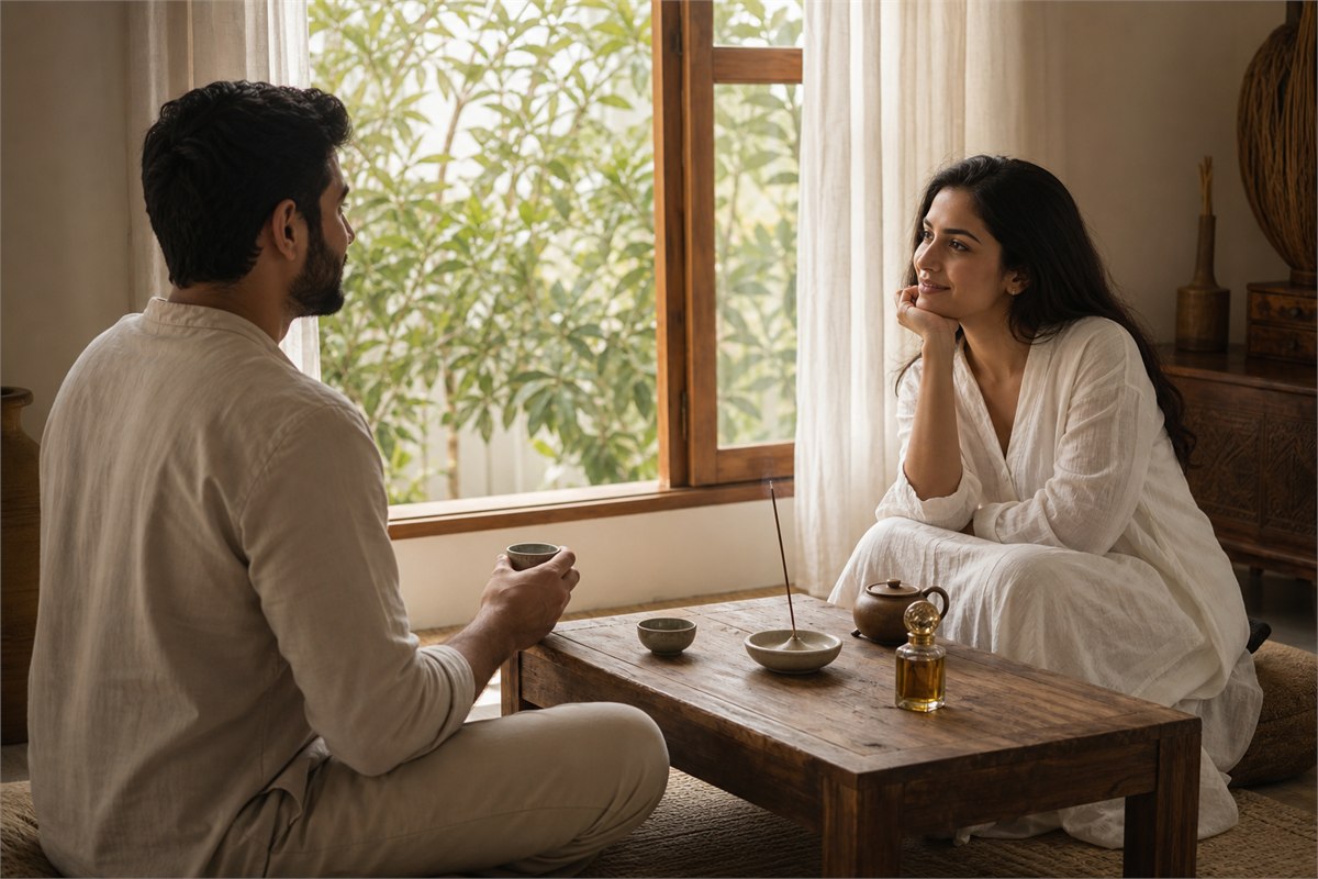 Two adults seated at a low tea table in a bright ventilated room with an unlit incense stick in a stable holder