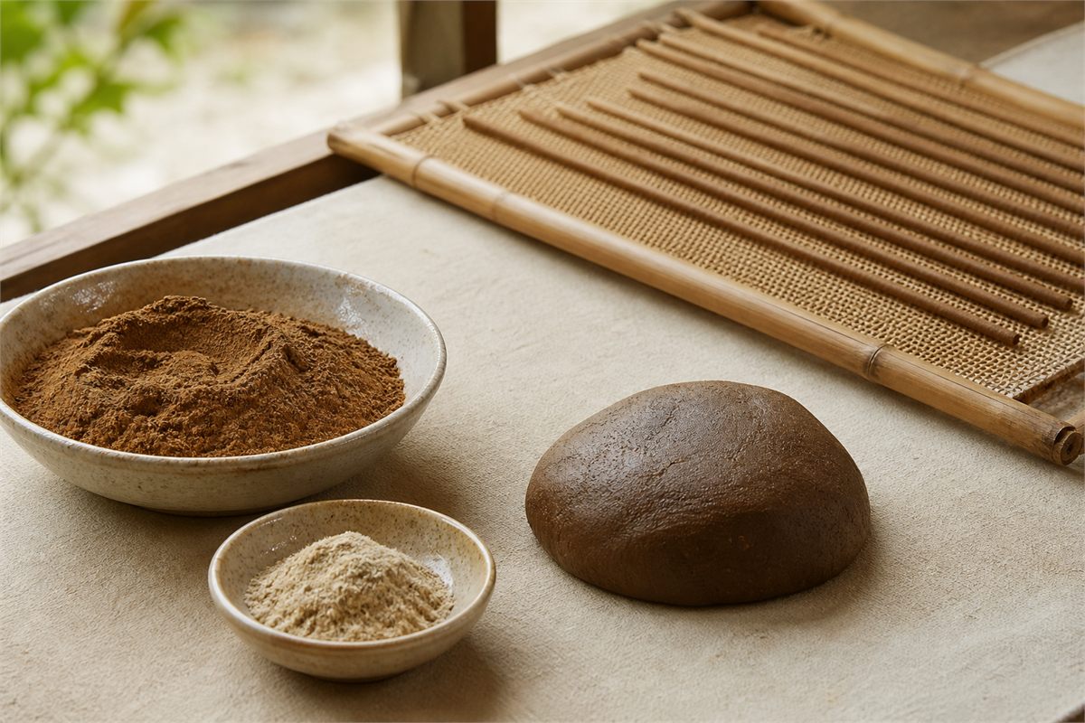 Brown aromatic powder, pale plant binder, incense paste, and straight incense sticks drying on bamboo mesh