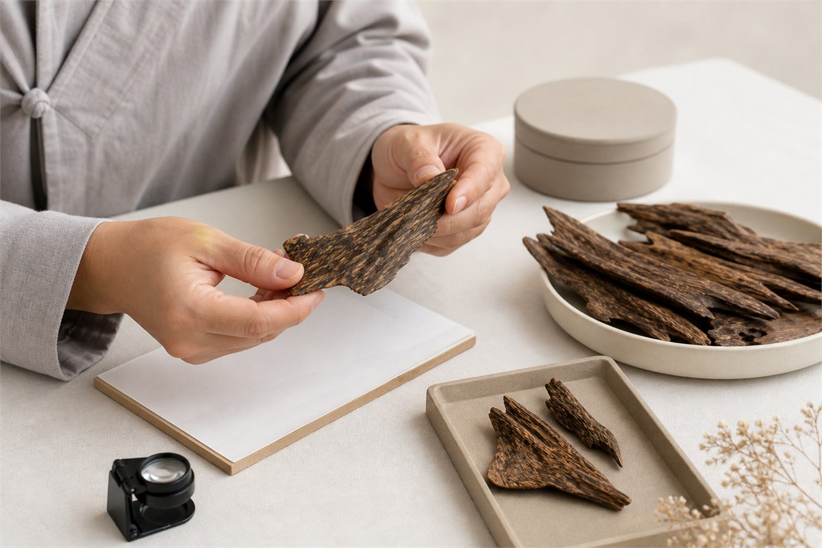 Adult hands examining resin-streaked agarwood chips under neutral daylight with a loupe and blank invoice paper nearby